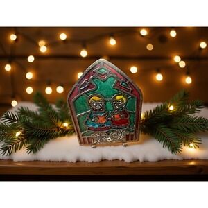 VTG Stained Glass candle light Christmas carolers window Scene festive‎ cottage